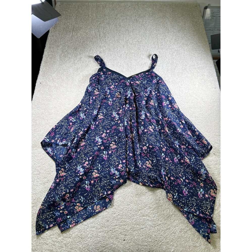 Ana & Rose Dress Womens One Size Navy‎ Blue Floral Handkerchief Hem Boho Summer